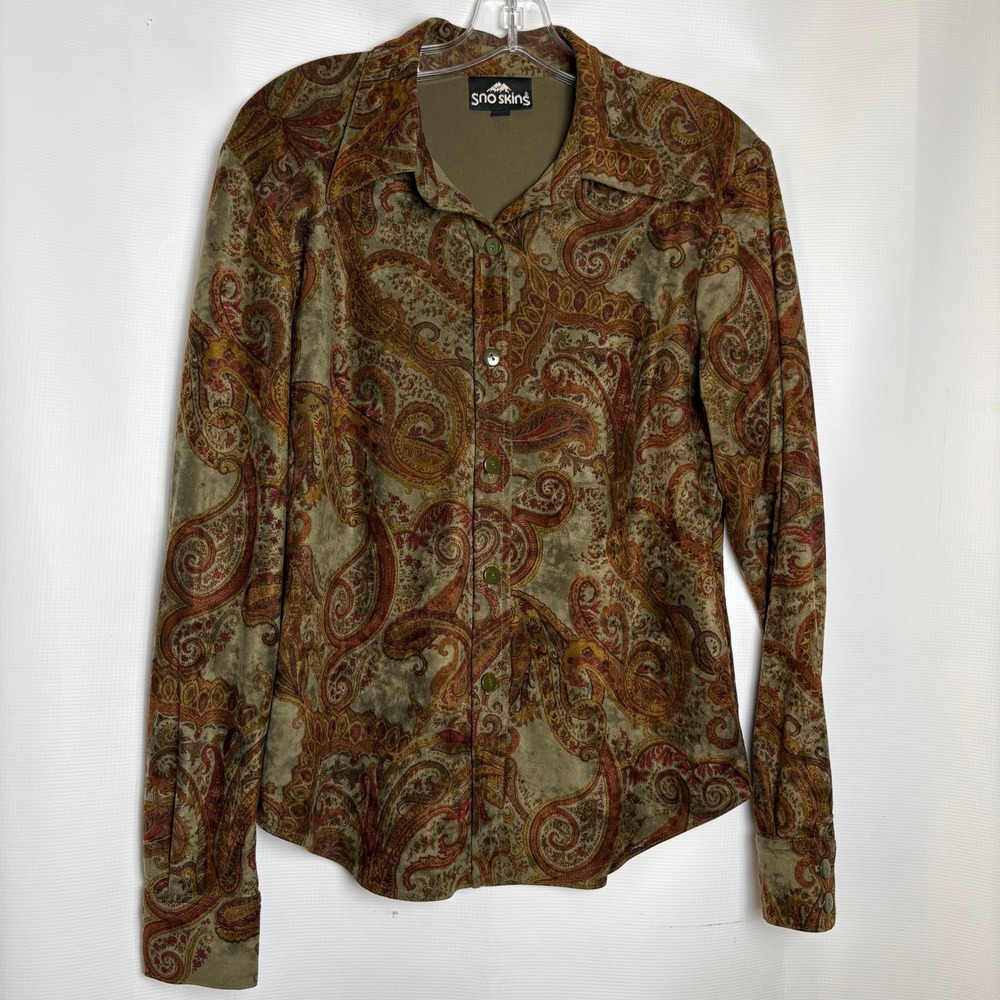 VTG Sno Skins Womens M Paisley‎ Button Down Shirt Olive Green Rust Stretch USA